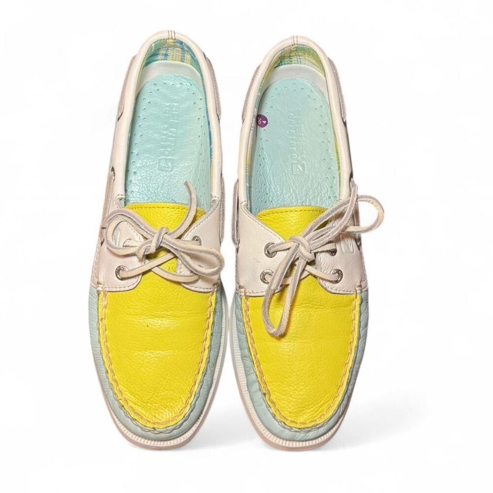 Sperry Top-Sider Womens Boat Shoes Size 7 Leather Yellow Blue Casual Loafers